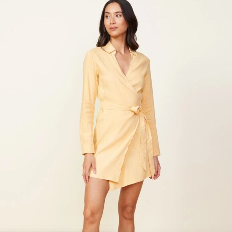 New Monrow Yellow Sand Linen Wrap Mini Dress Sz Medium